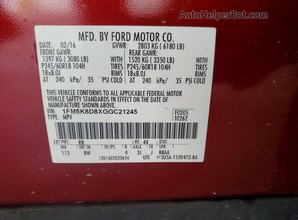 1FM5K8D8XGGC21245 2016 FORD EXPLORER Красный Вид наклейки с VIN-кодом