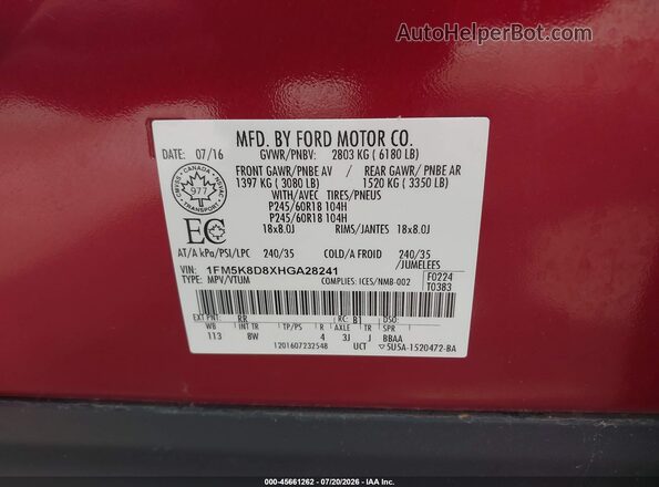1FM5K8D8XHGA28241 2017 FORD EXPLORER Red Engine compartment view