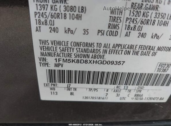 1FM5K8D8XHGD09357 2017 FORD EXPLORER Gray Вид підкапотного простору