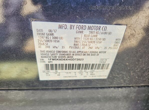 1FM5K8D8XHGD72023 2017 FORD EXPLORER Black Widok naklejki z numerem VIN