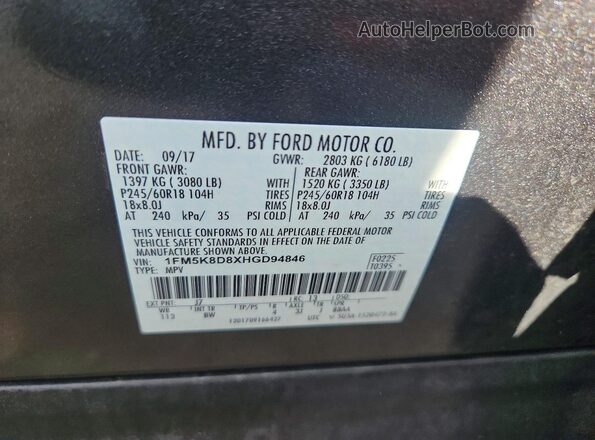 1FM5K8D8XHGD94846 2017 FORD EXPLORER Gray Widok naklejki z numerem VIN