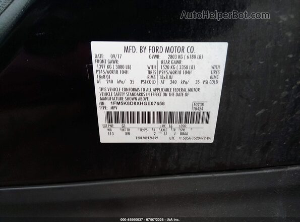 1FM5K8D8XHGE07658 2017 FORD EXPLORER Black ძრავის განყოფილების ხედი