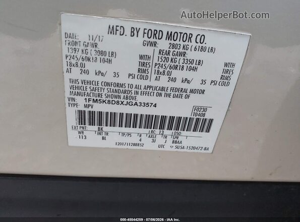 1FM5K8D8XJGA33574 2018 FORD EXPLORER Beige Вид підкапотного простору
