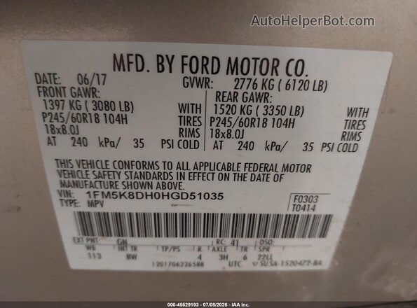 1FM5K8DH0HGD51035 2017 FORD EXPLORER Beige Vista del compartimento del motor