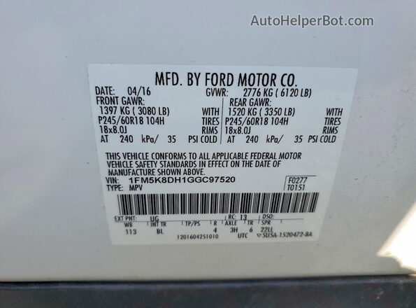1FM5K8DH1GGC97520 2016 FORD EXPLORER Белый Вид наклейки с VIN-кодом