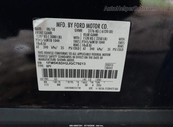 1FM5K8DH2JGC79213 2018 FORD EXPLORER Black ძრავის განყოფილების ხედი