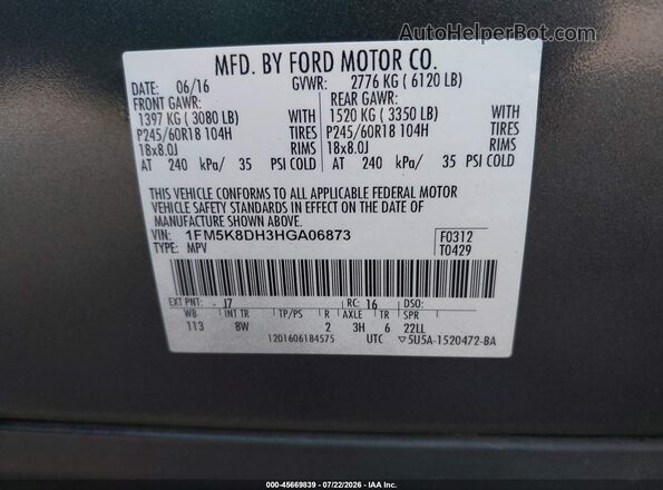 1FM5K8DH3HGA06873 2017 FORD EXPLORER Gray Vista del compartimento del motor