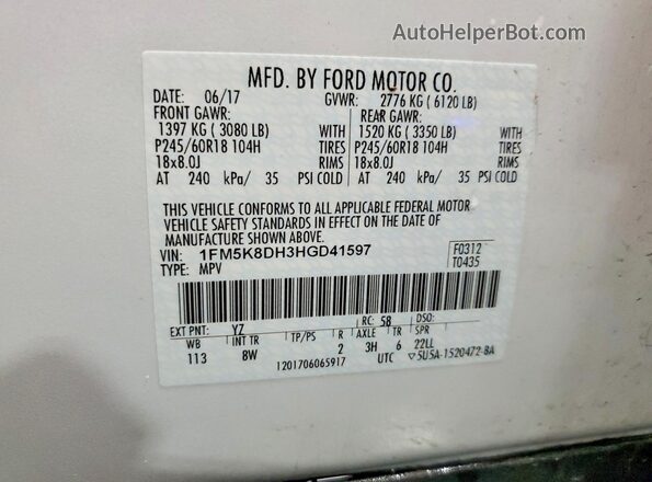 1FM5K8DH3HGD41597 2017 FORD EXPLORER White Widok naklejki z numerem VIN