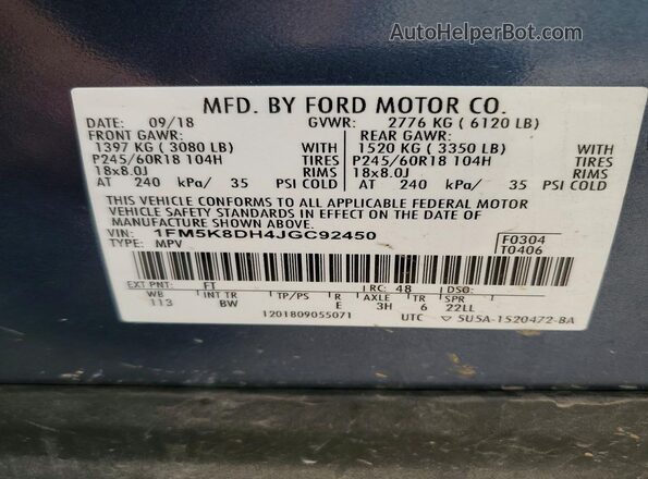 1FM5K8DH4JGC92450 2018 FORD EXPLORER Blue VIN კოდის სტიკერის ხედი
