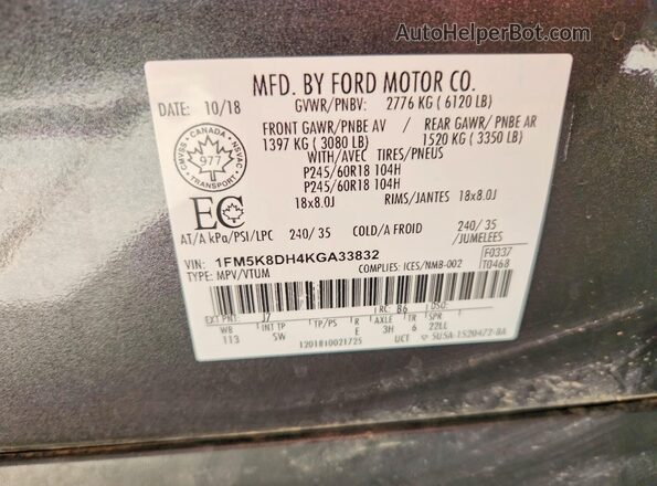 1FM5K8DH4KGA33832 2019 FORD EXPLORER Charcoal VIN կոդի պիտակի տեսք