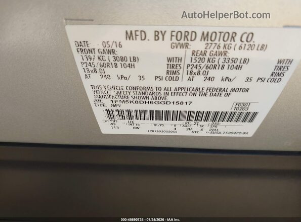 1FM5K8DH6GGD15817 2016 FORD EXPLORER Gray Շարժիչի բաժամունքի տեսք