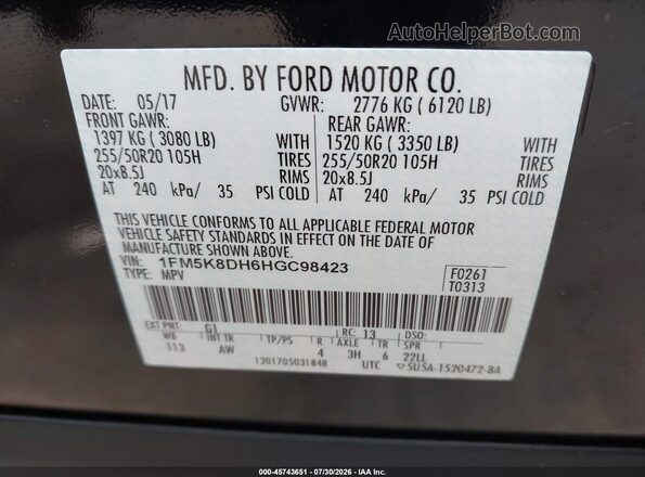 1FM5K8DH6HGC98423 2017 FORD EXPLORER Black Widok komory silnika