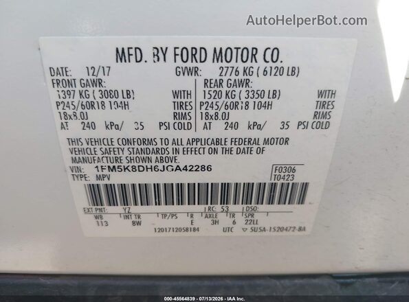 1FM5K8DH6JGA42286 2018 FORD EXPLORER White ძრავის განყოფილების ხედი