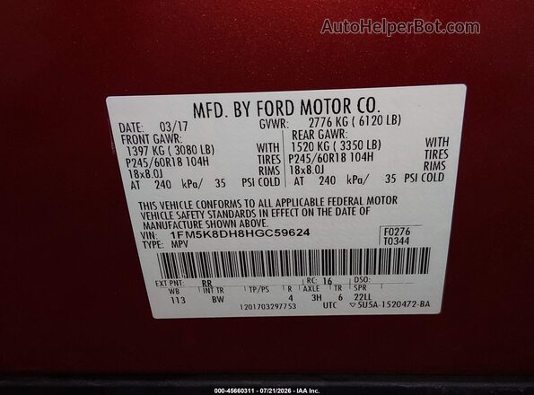 1FM5K8DH8HGC59624 2017 FORD EXPLORER Red Вид підкапотного простору