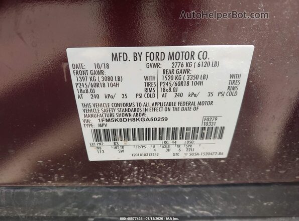 1FM5K8DH8KGA50259 2019 FORD EXPLORER Burgundy Widok komory silnika