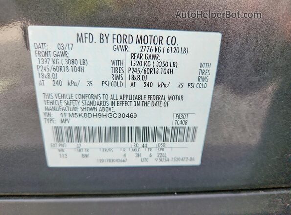 1FM5K8DH9HGC30469 2017 FORD EXPLORER Gray Вид наклейки з VIN-кодом