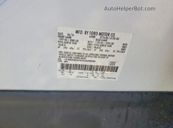 1FM5K8DHXHGA08099 2017 FORD EXPLORER White Vista de la etiqueta del VIN