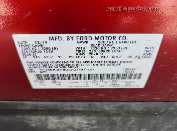 1FM5K8F80GGA97421 2016 FORD EXPLORER Red VIN კოდის სტიკერის ხედი