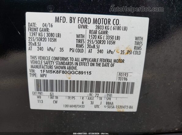 1FM5K8F80GGC89115 2016 FORD EXPLORER Black Вид підкапотного простору
