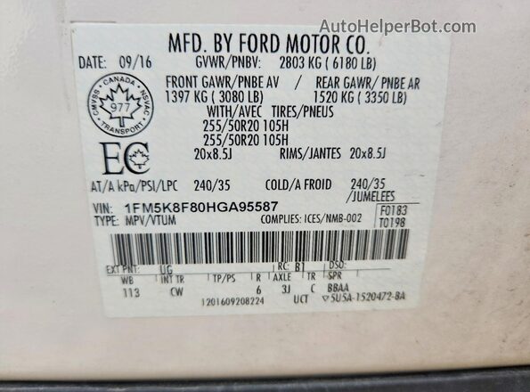 1FM5K8F80HGA95587 2017 FORD EXPLORER White VIN sticker view