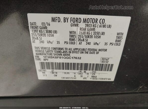 1FM5K8F81GGC17632 2016 FORD EXPLORER Gray Շարժիչի բաժամունքի տեսք