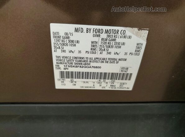 1FM5K8F82GGA76800 2016 FORD EXPLORER Brown Vista de la etiqueta del VIN
