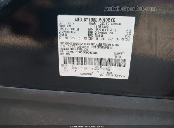 1FM5K8F83GGC49286 2016 FORD EXPLORER Black Vista del compartimento del motor