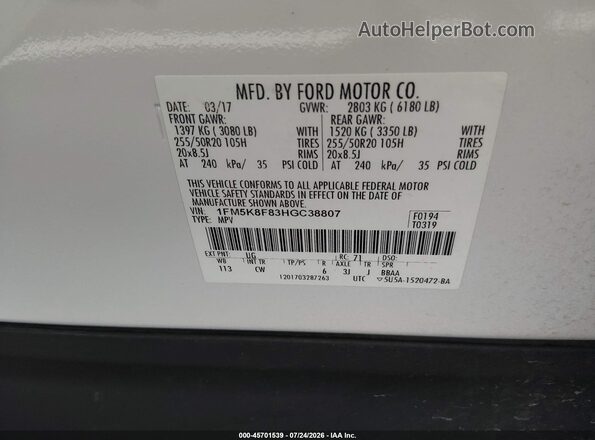 1FM5K8F83HGC38807 2017 FORD EXPLORER White Vista del compartimento del motor