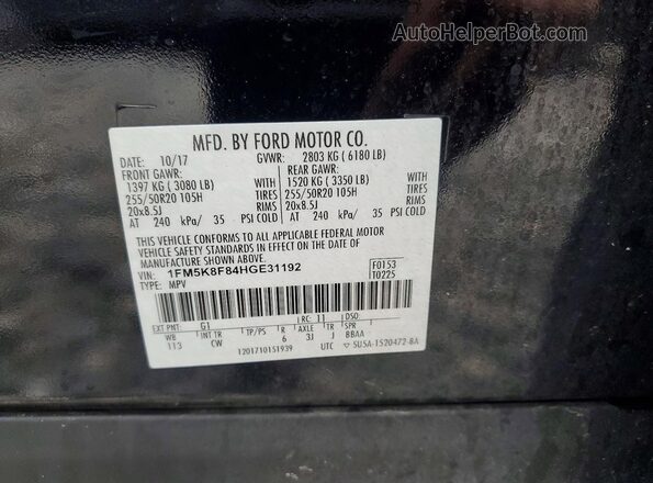 1FM5K8F84HGE31192 2017 FORD EXPLORER Black VIN კოდის სტიკერის ხედი