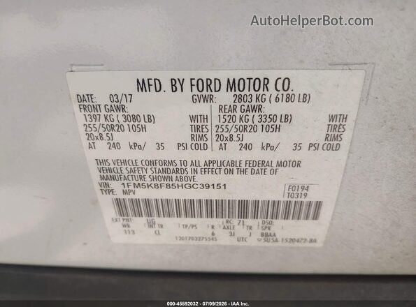 1FM5K8F85HGC39151 2017 FORD EXPLORER White Engine compartment view