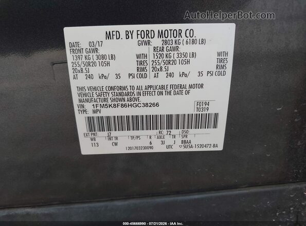 1FM5K8F86HGC38266 2017 FORD EXPLORER Gray Vista del compartimento del motor