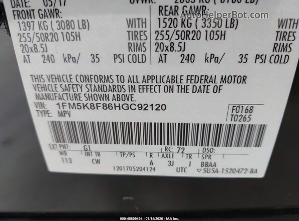 1FM5K8F86HGC92120 2017 FORD EXPLORER Black Вид підкапотного простору