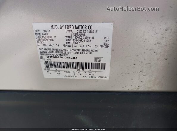 1FM5K8F86JGA89251 2018 FORD EXPLORER Silver Շարժիչի բաժամունքի տեսք
