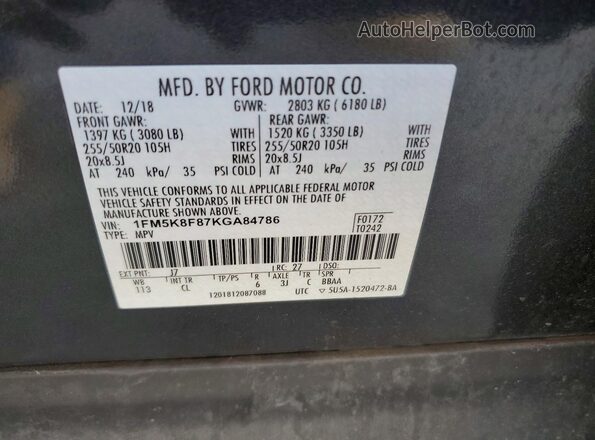 1FM5K8F87KGA84786 2019 FORD EXPLORER Gray VIN կոդի պիտակի տեսք