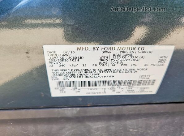 1FM5K8F88GGA45759 2016 FORD EXPLORER Gray Vista de la etiqueta del VIN