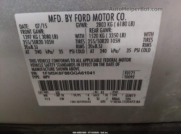 1FM5K8F88GGA61041 2016 FORD EXPLORER Silver Շարժիչի բաժամունքի տեսք