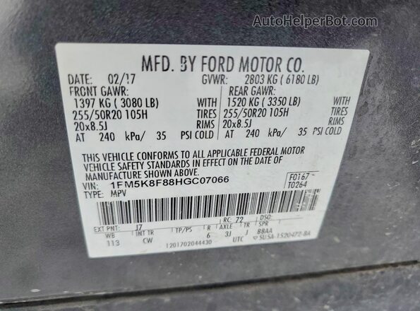 1FM5K8F88HGC07066 2017 FORD EXPLORER Gray VIN կոդի պիտակի տեսք