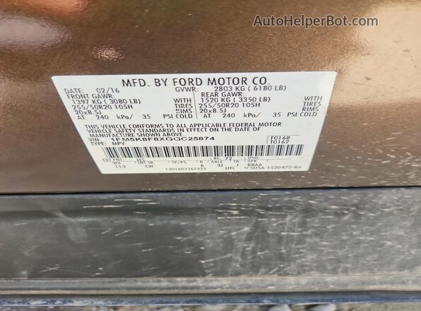 1FM5K8F8XGGC25874 2016 FORD EXPLORER Brown VIN կոդի պիտակի տեսք