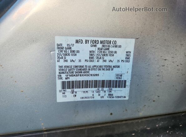 1FM5K8F8XHGC93285 2017 FORD EXPLORER Silver Vista de la etiqueta del VIN