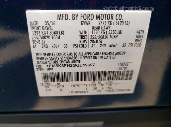 1FM5K8FH2GGD19697 2016 FORD EXPLORER Blue VIN կոդի պիտակի տեսք
