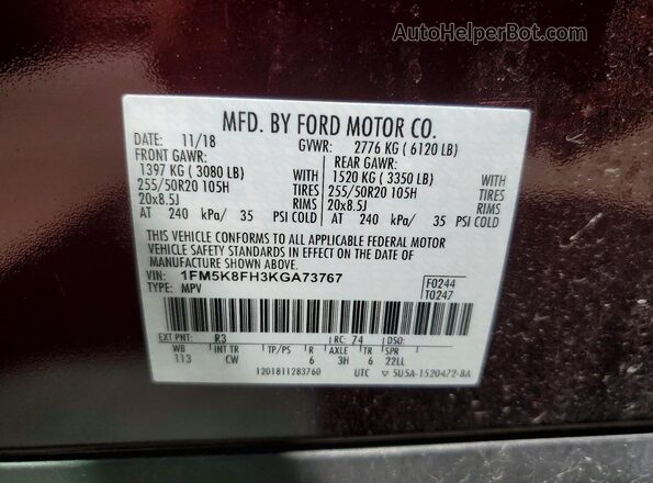 1FM5K8FH3KGA73767 2019 FORD EXPLORER Burgundy VIN կոդի պիտակի տեսք