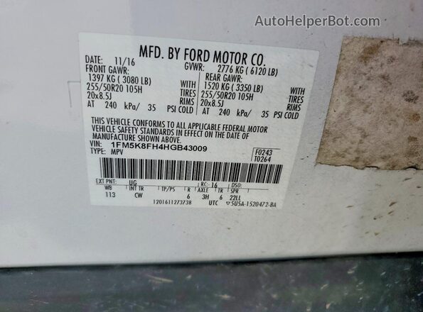 1FM5K8FH4HGB43009 2017 FORD EXPLORER White VIN კოდის სტიკერის ხედი