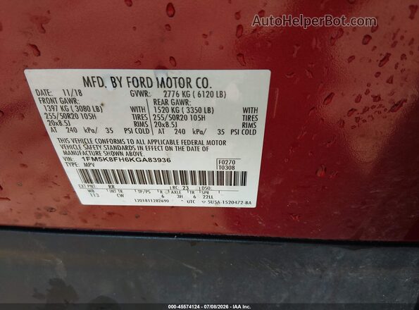 1FM5K8FH6KGA83936 2019 FORD EXPLORER Red Շարժիչի բաժամունքի տեսք
