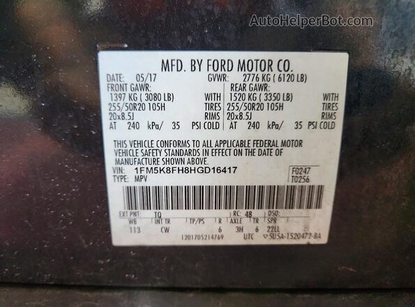 1FM5K8FH8HGD16417 2017 FORD EXPLORER Charcoal VIN կոդի պիտակի տեսք