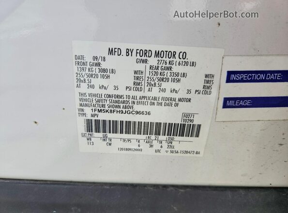1FM5K8FH9JGC96636 2018 FORD EXPLORER White Вид наклейки з VIN-кодом