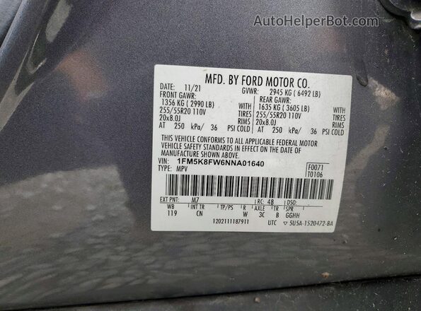 1FM5K8FW6NNA01640 2022 FORD EXPLORER Gray Vista de la etiqueta del VIN