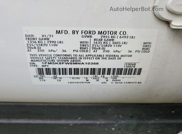 1FM5K8FW8MNA10368 2021 FORD EXPLORER White Widok naklejki z numerem VIN