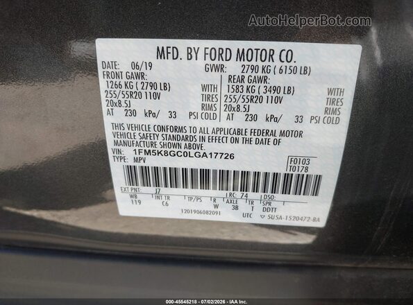 1FM5K8GC0LGA17726 2020 FORD EXPLORER Gray Vista del compartimento del motor