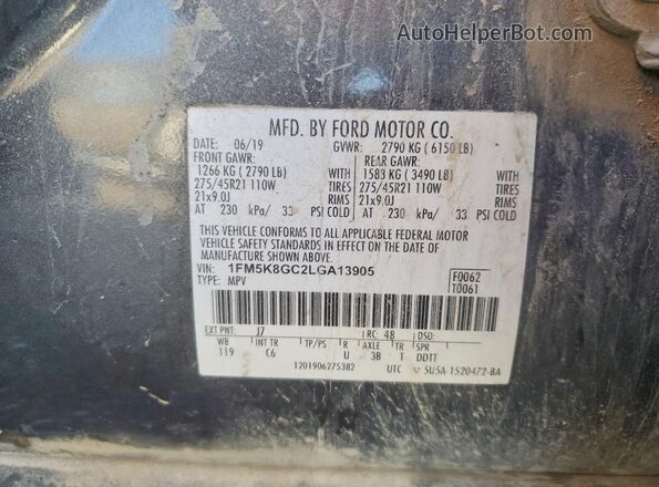 1FM5K8GC2LGA13905 2020 FORD EXPLORER Gray Սալոնի 360 աստիճան տեսք