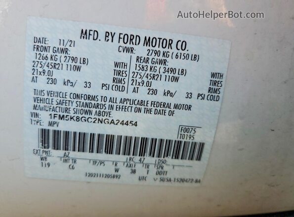 1FM5K8GC2NGA24454 2022 FORD EXPLORER White VIN კოდის სტიკერის ხედი